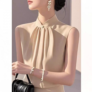 法式名媛气质无袖露肩衬衫女装春秋新款独特性感挂脖削肩套装