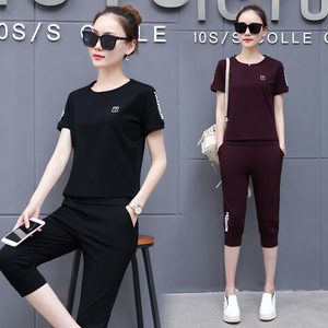 2018短袖运动服套装女夏季显瘦纯色印花圆领大码长裤休闲两件套夏