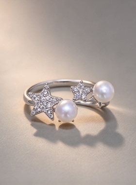 DIY珍珠配件 S925 纯银戒指空托 金色银色双珠版银饰托 配3-5mm圆