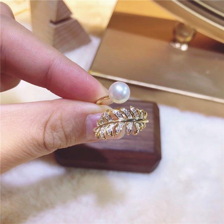 DIY珍珠配件 S925银 树叶款珍珠戒指空托可调节 搭配8-10mm圆扁珠