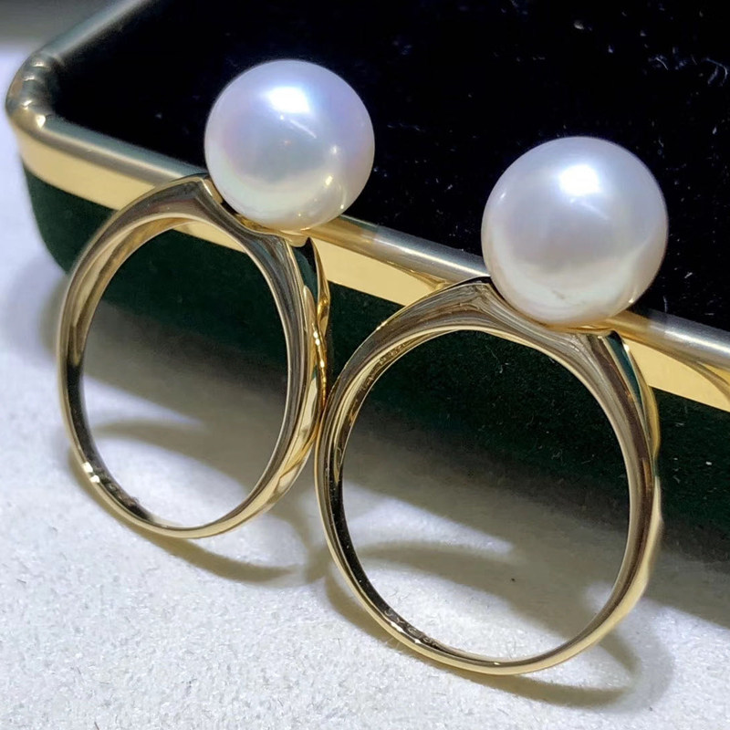 DIY珍珠配件 G18K黄金天然珍珠戒指空托 光面款指环 配8-9mm圆珠