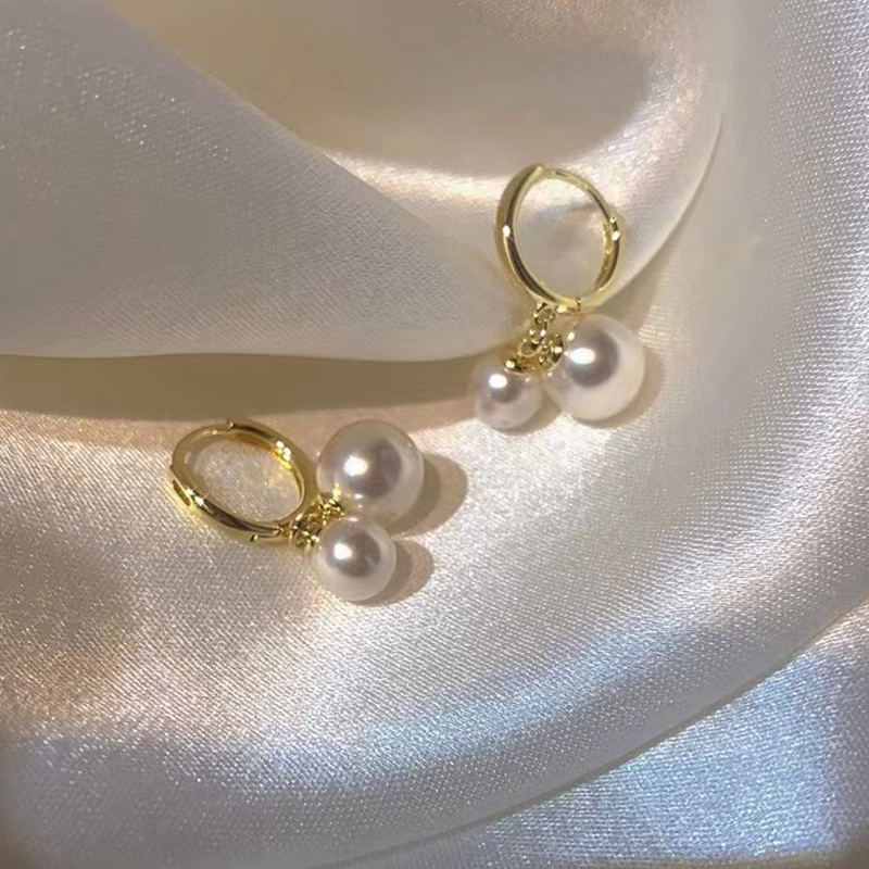 DIY珍珠耳钉配件 S925纯银饰品 双珠耳扣耳环女空托 配6-8mm圆珠