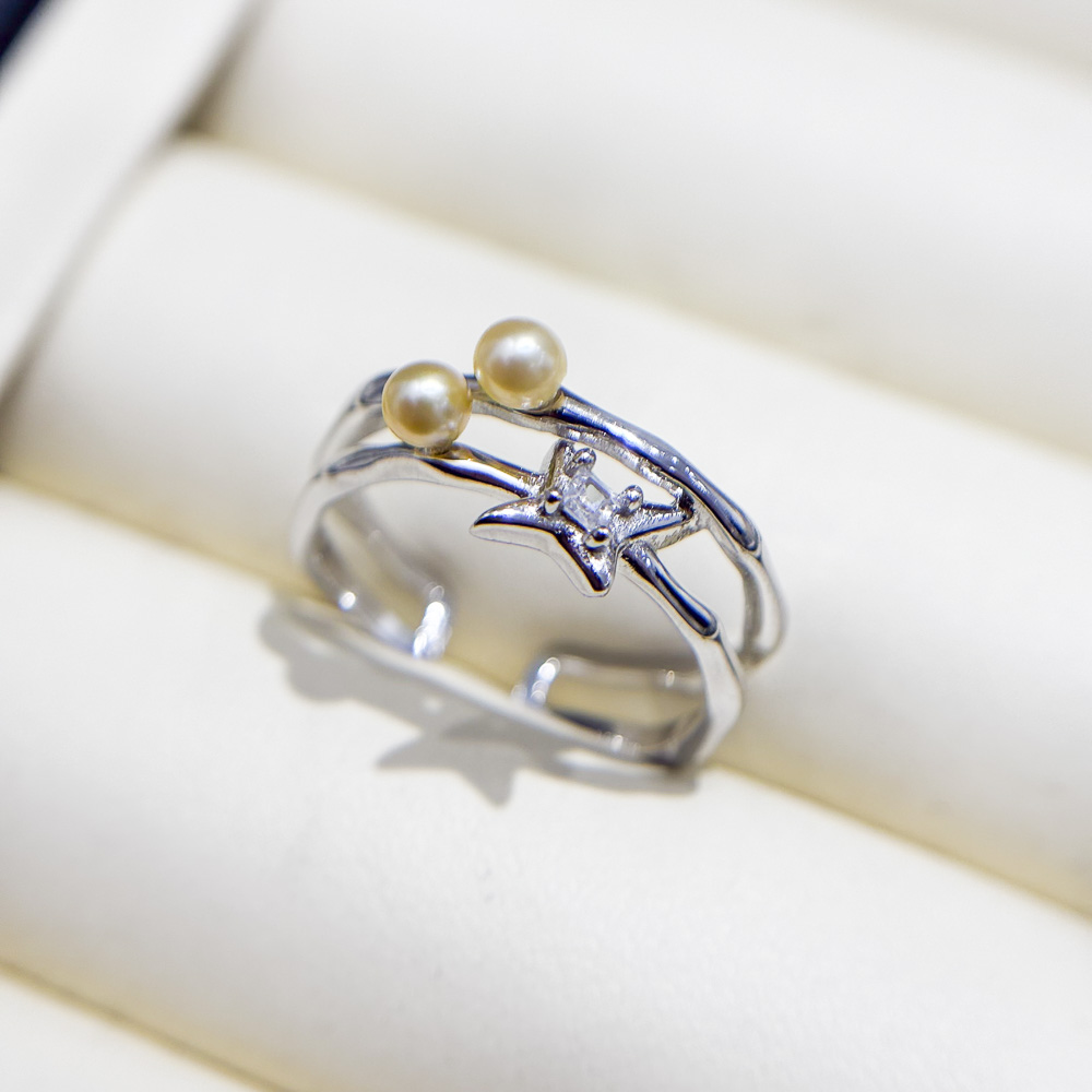 DIY珍珠配件 S925 纯银戒指空托 金色银色K金版银饰托 配3-5mm圆