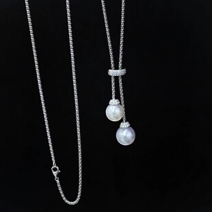 配9 DIY珍珠配件 吊坠带银链女 双珠款 13mm圆珠 S925纯银套链空托