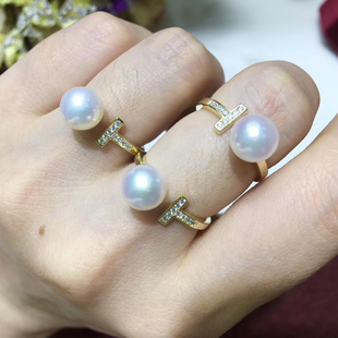 配7 T字珍珠戒指空托调节 9mm圆珠 S925纯银饰品 DIY珍珠配件