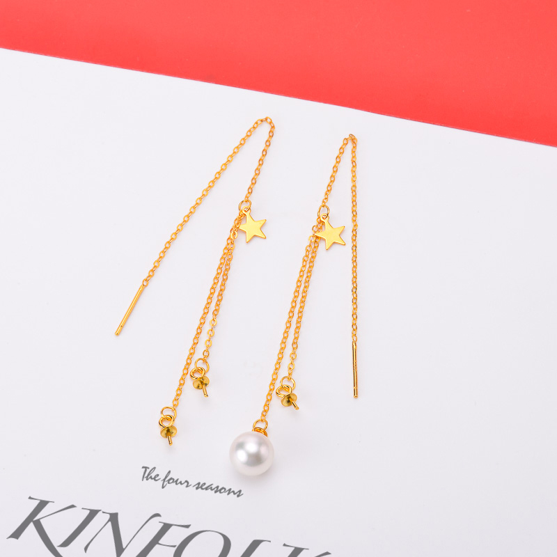 DIY珍珠耳钉配件 S925纯银饰品 星星双珠耳线女空托 配5-9mm圆珠