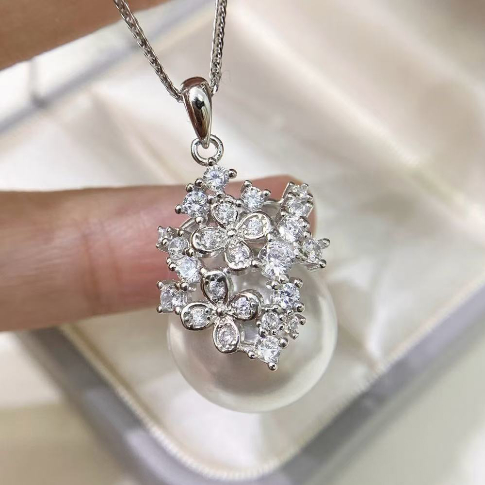 DIY珍珠小配件 S925纯银饰品 遮瑕满钻吊坠空托 配14-16mm圆珠