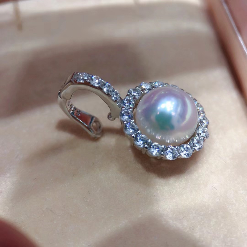 DIY珍珠小配件 S925纯银饰品 时尚遮瑕吊坠扣空托 配8-9mm圆珠