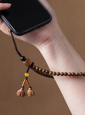 加里曼丹沉香木手机挂绳手腕款珠串女挂件古风链男防丢防摔送礼物