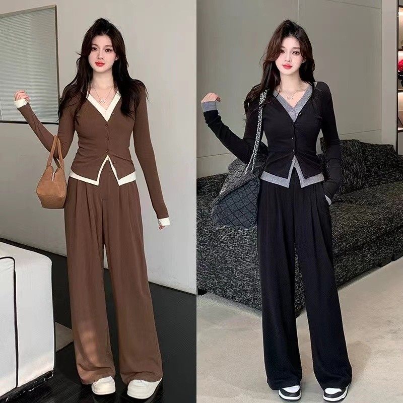 大码休闲慵懒风套装女秋季假两件开衫上衣胖MM高腰阔腿裤子两件套
