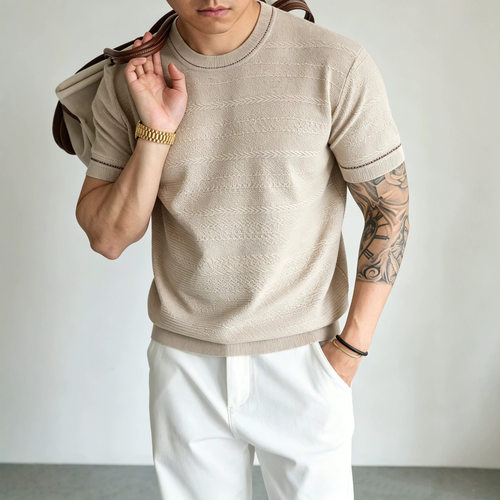 男士老钱风亚麻提花针织短袖T恤