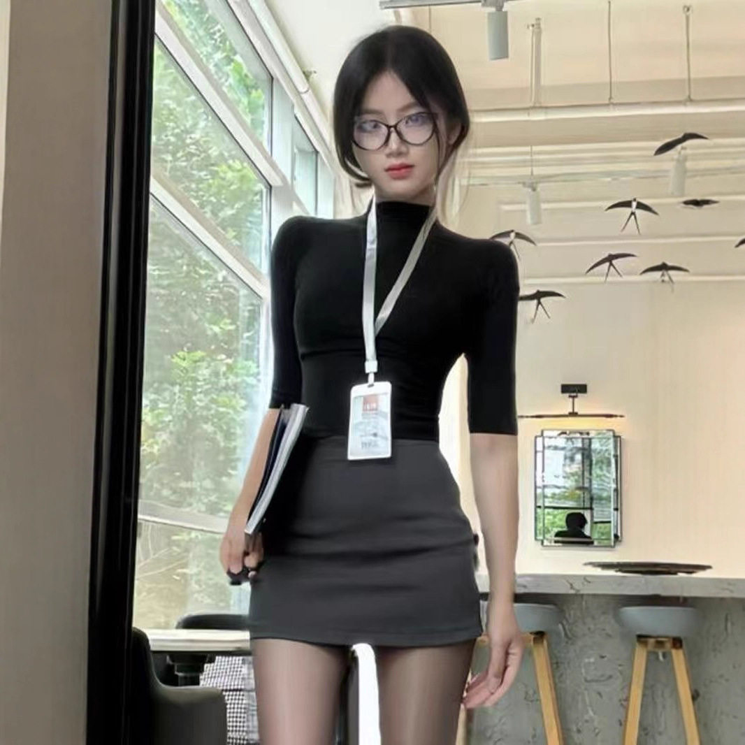 早秋显身材辣妹轻熟修身中袖T恤上衣包臀短裙半身裙职业套装新款