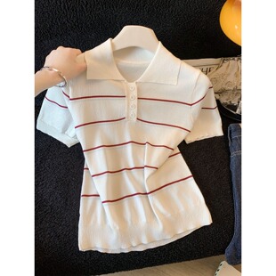 老钱风韩系polo领条纹短袖针织T恤女夏季百搭显瘦通勤气质上衣潮