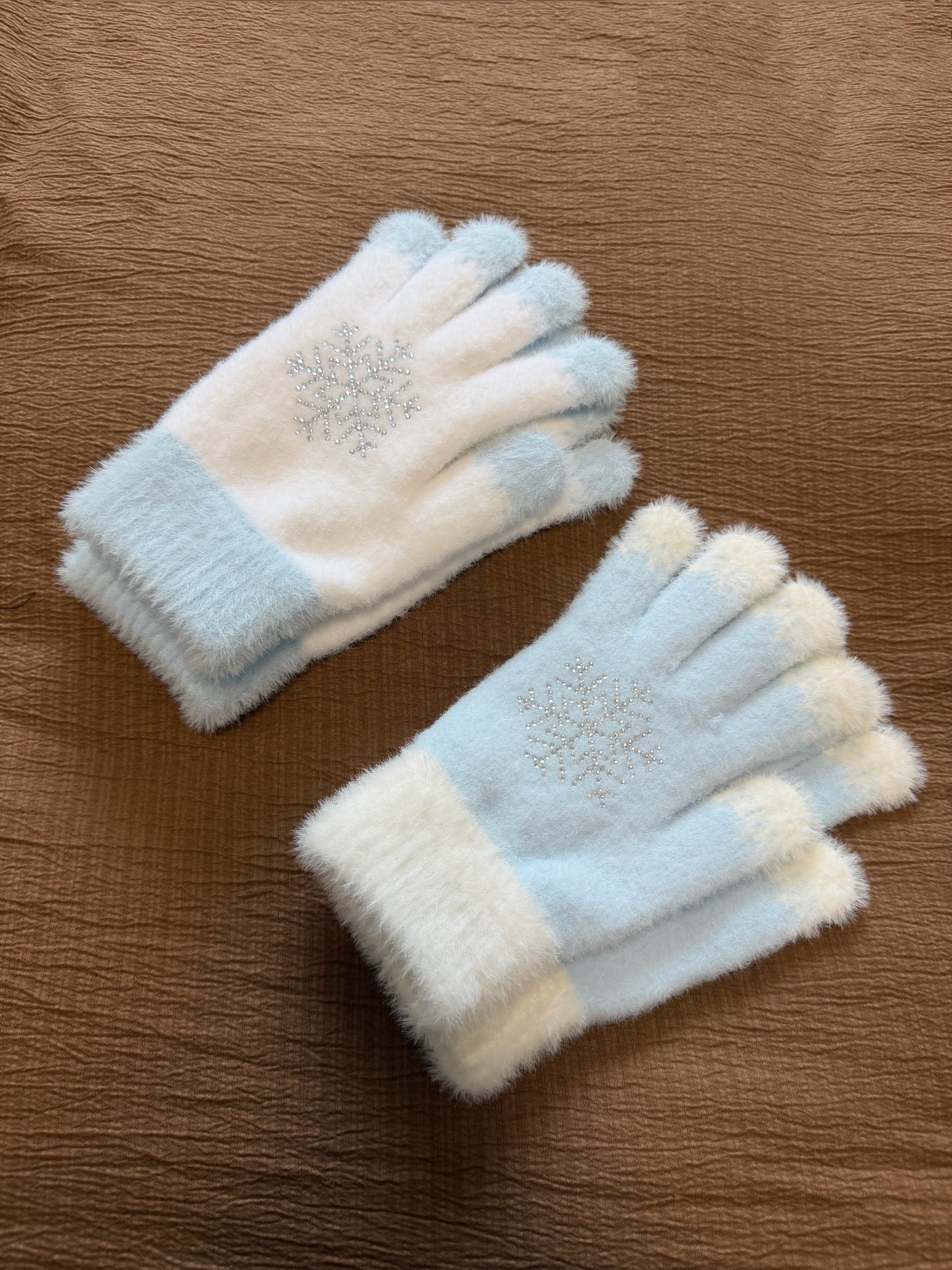 秋冬高颜值可爱雪花针织毛绒手套女骑行保暖防寒防冻手五指手套