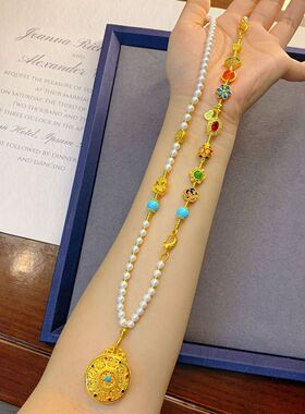 贝珠多宝一款多戴花丝镂空五福圆满吊坠国潮配件项链沙金毛衣链女