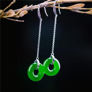 天然和田碧玉平安扣耳坠s925纯银镶嵌老坑菠菜绿长款气质简约耳环