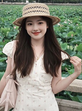 『拉菲草』手工编织平顶草帽子女2026新款夏防晒镂空优雅礼帽女生