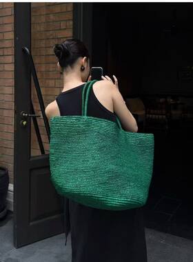 绿色拉菲编织休闲单肩手提包托特夏季包女大容量度假海边草编沙滩