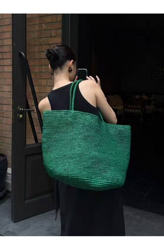 绿色拉菲编织休闲单肩手提包托特夏季包女大容量度假海边草编沙滩