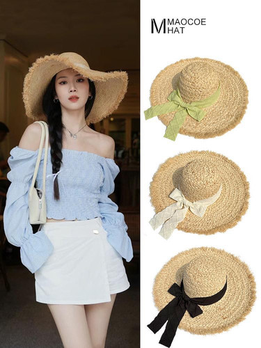 法式蝴蝶结拉菲草帽女夏季大帽檐遮阳防晒帽海边沙滩度假编织帽子