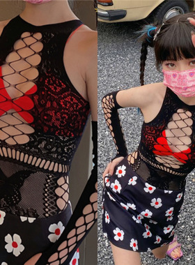 沐阮甜心网眼千禧辣妹蝴蝶打底背心套装带袖套弹性镂空锦纶白丝