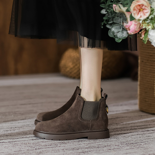 加绒短靴女2024年秋冬新款 真皮磨砂牛皮切尔西靴子复古松紧口单靴