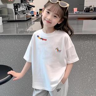 儿童白色纯棉设计感短袖t恤女童2025夏季黑色t宽松印花宽松上衣