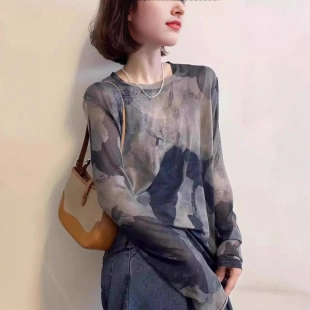 冰丝凉感防晒罩衫 新款 显瘦T恤 网纱上衣夏季 别致国风水墨扎染长袖