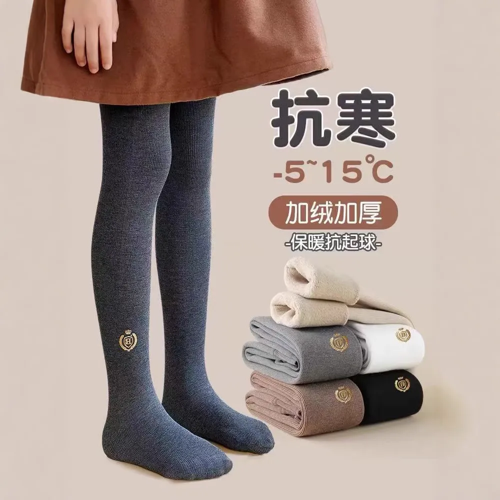 2025女童秋冬季加绒加厚打底裤外穿棉儿童竖条徽章保暖踩脚连裤袜