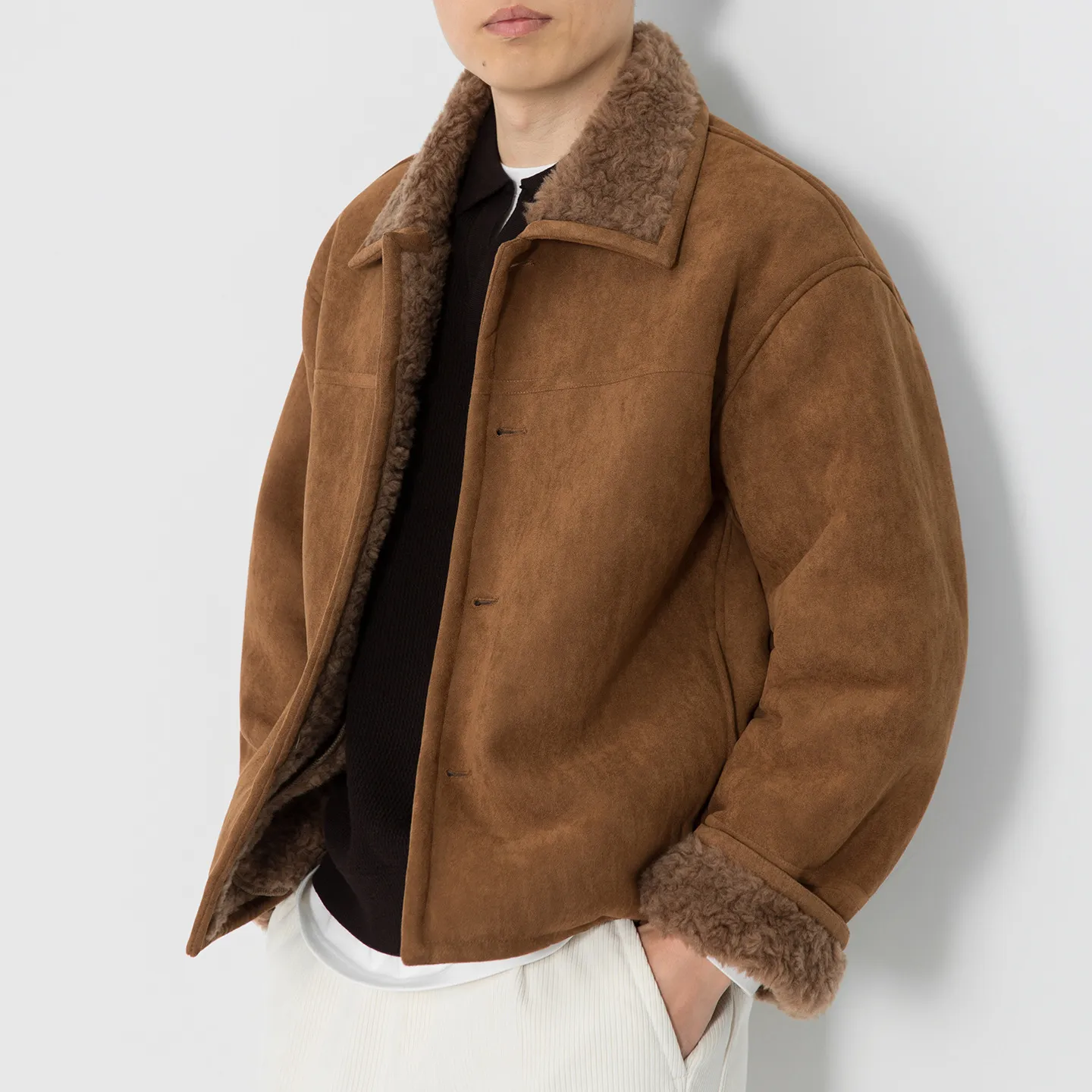 100%绵羊毛内里复古仿皮毛一体鹿皮绒外套男女同款冬季保暖夹克潮