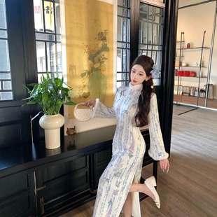 蓝色新中式旗袍女高级感国风2025新款冬季加绒连衣裙日常可穿冬天