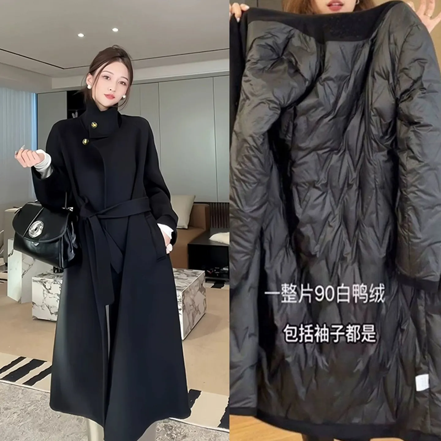 黑色羽绒内胆毛呢外套女中长款2025秋冬季新款加厚赫本风呢子大衣,女装/女士精品,大码呢大衣,淘宝优惠券,粉丝福利购,淘宝优惠卷