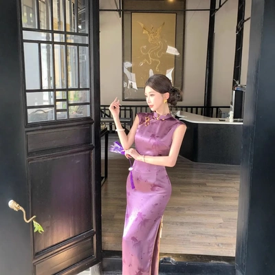 无袖紫色锦鲤旗袍高端中国风大气上档次2025新款复古绝美连衣裙