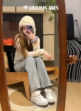 Uuuus【牛奶板栗】韩系复古真皮加绒羊羔毛白色美拉德休闲板鞋女