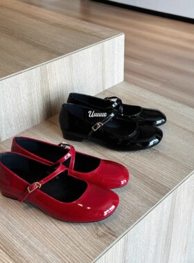Uuuus【小心机】韩国苹果红小众法式真皮粗跟玛丽珍鞋女单鞋婚鞋
