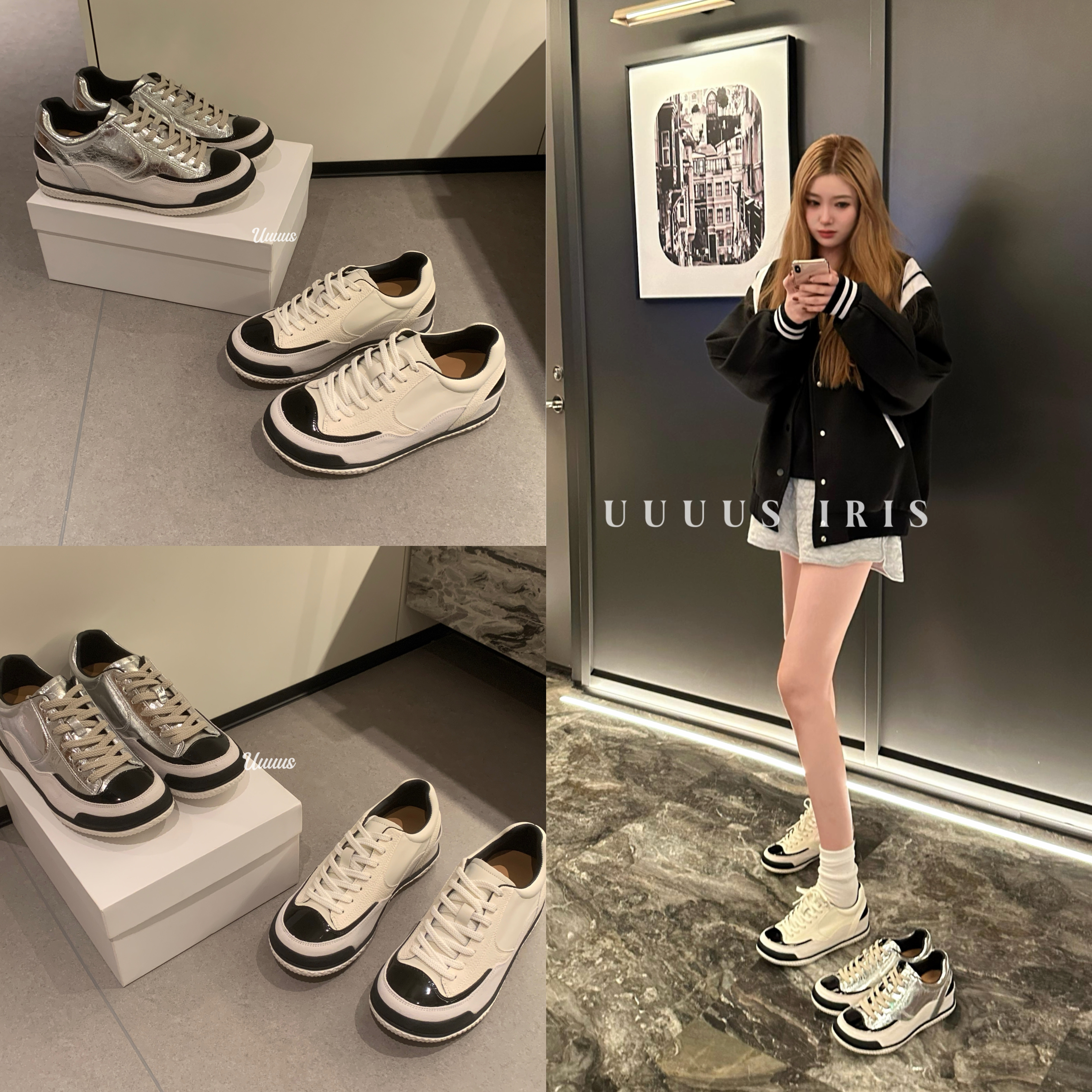 Uuuus【Jennie穿搭】小香风厚底拼色千金感全牛皮高级休闲板鞋女