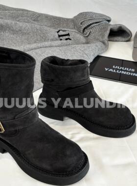 Uuuus【格雷学院】磨砂牛皮灰色做旧金属皮带扣复古骑士靴堆堆靴