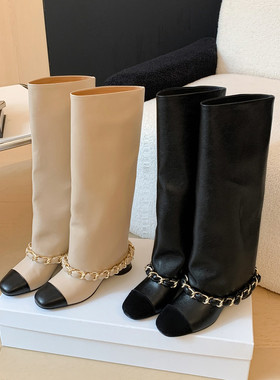 Uuuus【又怎么了大小姐】小香风拼色链条直筒粗跟高筒裤管时装靴