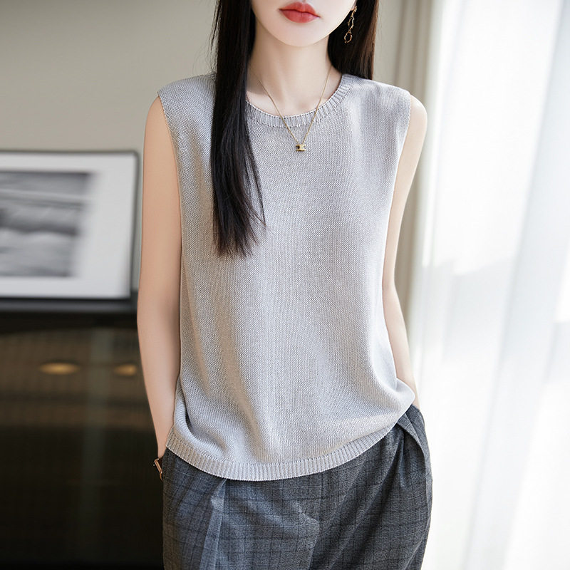 亚麻针织背心新款2025夏季外穿纯色套头垂感圆领女式无袖针织衫