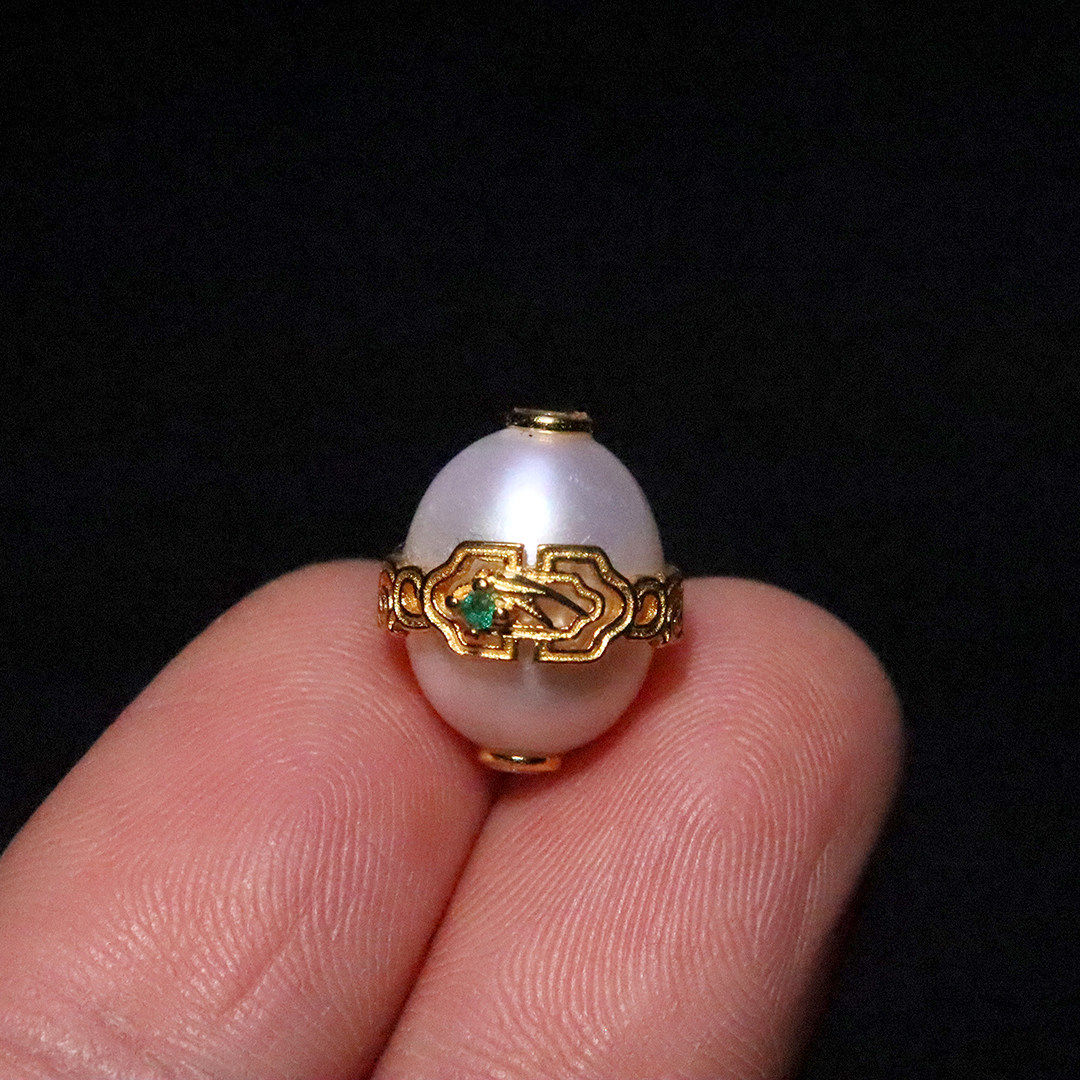 天然珍珠镶嵌纯银s925银镀金如意纹桶珠隔珠散珠手链手串文玩配饰