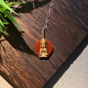 天然南红镶嵌s925纯银镀金宝宝佛如来吊坠侧挂提溜手串文玩配饰