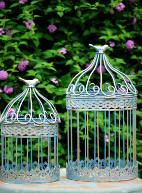 花园做旧鸟笼2件套 镂空铁艺小鸟花架 园艺杂货橱窗陈列道具包邮