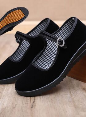 牛筋底老北京布鞋女士厚底防滑透气工作鞋黑色酒店上班工作妈妈鞋