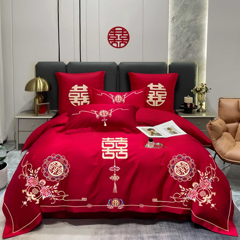 新婚庆四件套大红色简约刺绣花新婚结婚房喜被套高端婚礼床上用品