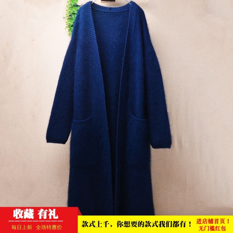 冬季加厚中长款粗砂ins长毛貂绒深蓝色披风宽松蝙蝠袖外套毛衣354