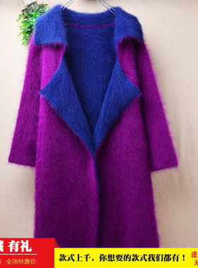 冬季中长款气质ins长毛貂绒紫色拼色西装领修身显瘦外套毛衣女194