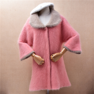 冬季加厚中长款气质减龄皮粉色娃娃领喇叭袖ins长毛貂绒外套女361