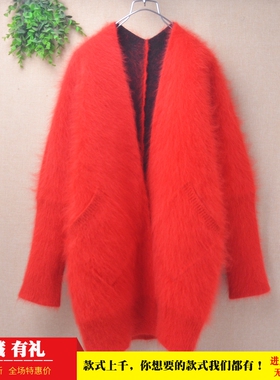 中长款秋冬ins长毛貂绒红色披风韩版宽松蝙蝠袖慵懒外套毛衣女349