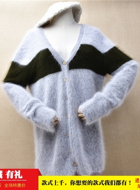中长款秋冬ins长毛貂绒浅灰色v领拼色韩版宽松慵懒风外套毛衣291