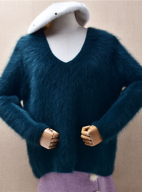 超气质秋冬加厚墨绿色v领ins长毛貂绒韩版宽松慵懒风套头女578